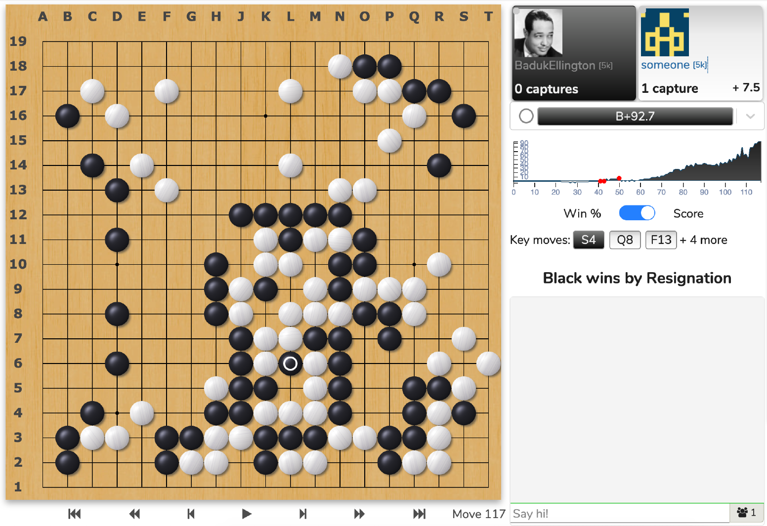 Screen shot of a completed go game on online-go.com